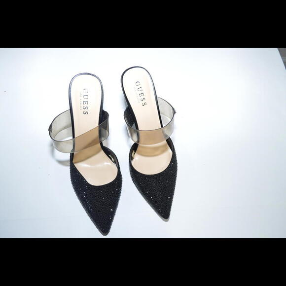 GUESS Black Rhinestone Embellished Heels with Clear Strap, Size 10M - Picture 5 of 7